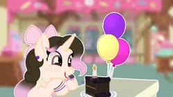 Size: 3116x1740 | Tagged: safe, artist:kathepart, derpibooru import, oc, oc:kinna-ca, unofficial characters only, unicorn, accessory, balloon, birthday, cake, candle, food, freckles, hair bun, horn, image, makeup, png, solo, sugarcube corner (interior)