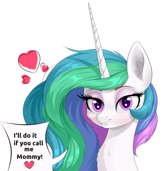 Size: 2153x2247 | Tagged: safe, artist:scandianon, derpibooru import, princess celestia, alicorn, pony, g4, bedroom eyes, blushing, bust, dialogue, dialogue box, female, heart, image, lidded eyes, lip bite, looking at you, mare, meme, missing accessory, momlestia, png, simple background, transparent background