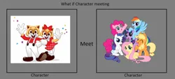 Size: 1280x579 | Tagged: safe, artist:horseboy223, derpibooru import, applejack, fluttershy, pinkie pie, rainbow dash, rarity, twilight sparkle, raccoon, g4, crossover, image, jpeg, korean, lorry, lotte, lotte world, lotty, mane six, mascot, meet, meeting, moon runes, south korea