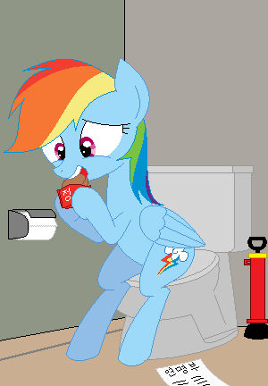 Size: 300x432 | Tagged: safe, artist:hyolark, derpibooru import, rainbow dash, pegasus, pony, g4, but why, eating, female, image, jpeg, korean, mare, moon runes, solo, tissue, toilet