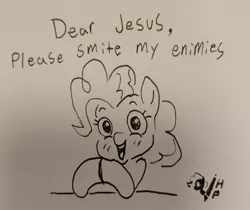 Size: 2048x1722 | Tagged: safe, artist:horsepen, derpibooru import, pinkie pie, earth pony, pony, g4, bust, female, grayscale, image, jpeg, mare, monochrome, pen drawing, praying, religion, solo, talking to viewer, traditional art