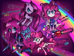 Size: 1790x1360 | Tagged: safe, artist:lulithmark, derpibooru import, pinkie pie, rainbow dash, bat pony, changeling, human, pony, fanfic:cupcakes, smile hd, equestria girls, g4, blood, creepy, creepypasta, cute, fanfic art, image, pinkamena diane pie, png, smiling