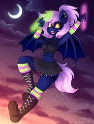 Size: 2296x3000 | Tagged: safe, artist:madelinne, derpibooru import, oc, unofficial characters only, anthro, bat pony, pony, bat pony oc, bat wings, clothes, female, fishnet clothing, fishnets, flying, glowstick, image, jewelry, mare, png, ponytail, skirt, sky, socks, stockings, thigh highs, wings