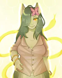 Size: 2400x3000 | Tagged: safe, artist:seed3y, derpibooru import, oc, oc:lamey, unofficial characters only, human, lamia, original species, snake, snake pony, bracelet, breasts, cleavage, eared humanization, flower, flower in hair, gold bracelet, humanized, image, jewelry, long hair, looking at you, png, smiling, smiling at you, snakepony, solo