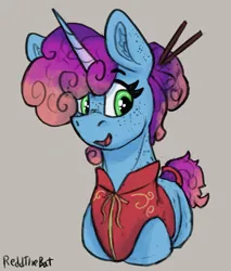 Size: 947x1111 | Tagged: safe, artist:reddthebat, derpibooru import, pony, unicorn, g5, alternate hairstyle, bust, cheongsam, chopsticks in hair, clothes, dress, female, gray background, hair bun, horn, image, jpeg, looking at you, mare, misty brightdawn, rebirth misty, signature, simple background, smiling, smiling at you, solo