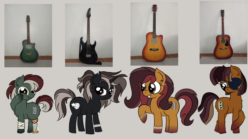 Size: 14080x7920 | Tagged: safe, artist:iamaveryrealperson, derpibooru import, oc, oc:amber strum, oc:dusk crescendo, oc:maple chord, oc:sylvan opus, ponified, unofficial characters only, earth pony, pony, unicorn, amputee, anxious, bandage, bracelet, closed mouth, colored, cutie mark, doodle, ear piercing, earth pony oc, eyelashes, eyepatch, female, genderfluid, gradient hooves, group, guitar, height difference, hoof on cheek, horn, image, jewelry, lesbian, looking at you, looking down, looking sideways, mare, multicolored hair, multicolored mane, multicolored tail, musical instrument, nonbinary, nonbinary oc, oc x oc, photo, piercing, png, prosthetic leg, prosthetic limb, prosthetics, scar, shipping, siblings, simple background, smiling, standing, tail, teeth, trans female, transgender, transgender oc, unicorn horn, unicorn oc