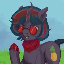 Size: 600x600 | Tagged: safe, artist:allcello, derpibooru import, oc, kirin, pony, food, glasses, image, jpeg, kirin oc, pineapple, red eyes