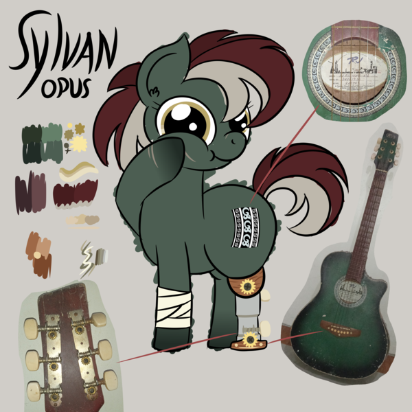 Size: 4608x4608 | Tagged: safe, artist:iamaveryrealperson, derpibooru import, oc, oc:sylvan opus, ponified, unofficial characters only, earth pony, pony, amputee, bandage, closed mouth, colored, cutie mark, doodle, earth pony oc, eyelashes, gradient hooves, guitar, hoof on cheek, image, looking at you, multicolored hair, multicolored mane, multicolored tail, musical instrument, name, nonbinary, nonbinary oc, photo, png, prosthetic leg, prosthetic limb, prosthetics, reference sheet, scar, simple background, smiling, solo, standing, tail, text