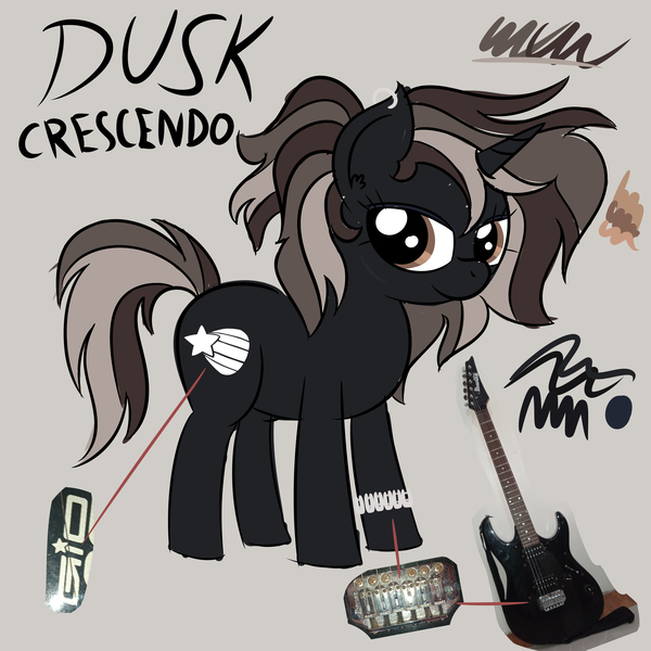 Size: 4608x4608 | Tagged: safe, artist:iamaveryrealperson, derpibooru import, oc, oc:dusk crescendo, ponified, unofficial characters only, pony, unicorn, bracelet, closed mouth, colored, cutie mark, doodle, ear piercing, eyelashes, female, guitar, horn, image, jewelry, looking sideways, mare, multicolored hair, multicolored mane, multicolored tail, musical instrument, name, photo, piercing, png, reference sheet, scar, simple background, smiling, solo, standing, tail, text, trans female, transgender, transgender oc, unicorn horn, unicorn oc