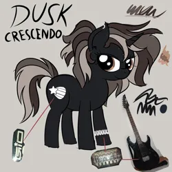 Size: 4608x4608 | Tagged: safe, artist:iamaveryrealperson, derpibooru import, oc, oc:dusk crescendo, ponified, unofficial characters only, pony, unicorn, bracelet, closed mouth, colored, cutie mark, doodle, ear piercing, eyelashes, female, guitar, horn, image, jewelry, looking sideways, mare, multicolored hair, multicolored mane, multicolored tail, musical instrument, name, photo, piercing, png, reference sheet, scar, simple background, smiling, solo, standing, tail, text, trans female, transgender, transgender oc, unicorn horn, unicorn oc