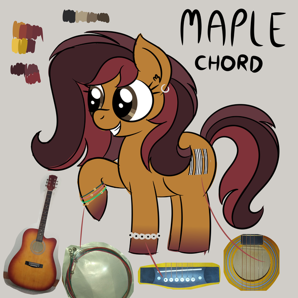 Size: 4608x4608 | Tagged: safe, artist:iamaveryrealperson, derpibooru import, oc, oc:maple chord, ponified, unofficial characters only, earth pony, pony, bracelet, closed mouth, colored, cutie mark, doodle, ear piercing, earth pony oc, eyelashes, female, gradient hooves, guitar, image, jewelry, lesbian, looking sideways, mare, multicolored hair, multicolored mane, multicolored tail, musical instrument, name, photo, piercing, png, reference sheet, simple background, smiling, solo, standing, tail, teeth, text