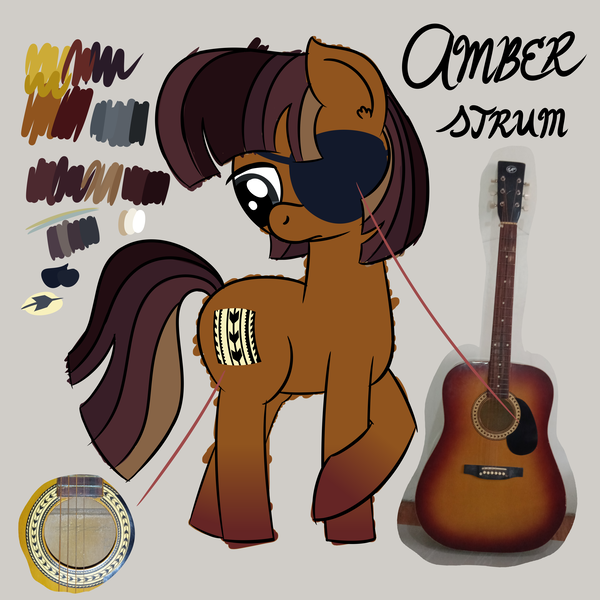 Size: 4608x4608 | Tagged: safe, artist:iamaveryrealperson, derpibooru import, oc, oc:amber strum, ponified, unofficial characters only, earth pony, pony, anxious, colored, cutie mark, doodle, earth pony oc, eyelashes, eyepatch, genderfluid, gradient hooves, guitar, image, looking down, multicolored hair, multicolored mane, multicolored tail, musical instrument, name, photo, png, reference sheet, simple background, solo, standing, tail, text