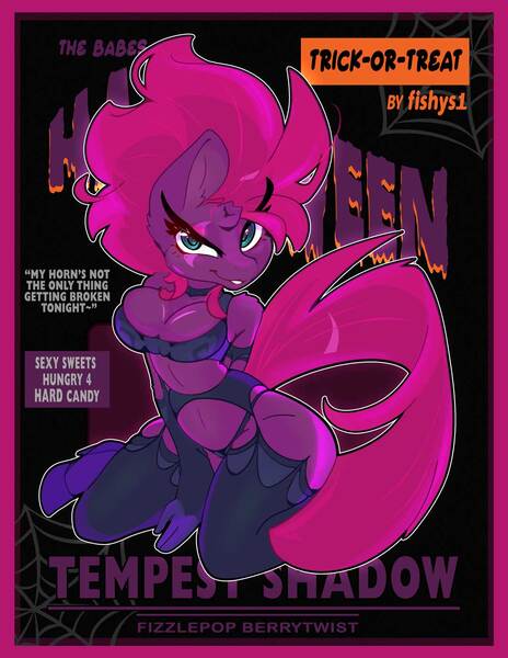 Size: 1080x1398 | Tagged: suggestive, artist:fishys1, derpibooru import, fizzlepop berrytwist, tempest shadow, anthro, unicorn, g4, breasts, broken horn, busty tempest shadow, eye scar, facial scar, female, garter belt, halloween, holiday, horn, image, jpeg, outline, scar, solo, solo female, text, white outline