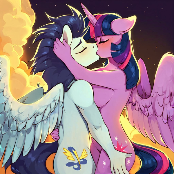 Size: 1024x1024 | Tagged: prompter needed, questionable, ai content, derpibooru import, machine learning generated, soarin', twilight sparkle, twilight sparkle (alicorn), alicorn, anthro, pegasus, pony, g4, breasts, butt grab, butt touch, cloud, complete nudity, duo, duo male and female, eyes closed, female, flying, grope, hand on back, hand on head, holding each other, horn, image, kiss on the lips, kissing, male, mare, night, nudity, png, shipping, sideboob, soarlight, spread wings, stallion, standing, straight, wings