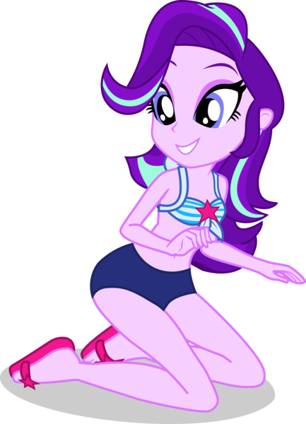 Size: 2757x3822 | Tagged: safe, alternate version, artist:dustinwatsongkx, derpibooru import, starlight glimmer, human, equestria girls, equestria girls series, g4, x marks the spot, accessory swap, bare arms, bare legs, bare shoulders, bikini, clothes, clothes swap, eyeshadow, female, geode of telekinesis, grin, hatless, high res, image, kneeling, magical geodes, makeup, missing accessory, my little pony equestria girls: better together, png, sandals, sci-twi swimsuit, shadow, show accurate, simple background, sleeveless, smiling, solo, swimsuit, swimsuit swap, teeth, transparent background