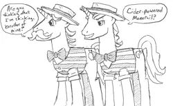 Size: 970x598 | Tagged: safe, artist:planetofjunk, derpibooru import, flam, flim, pony, unicorn, g4, bowtie, brothers, duo, facial hair, flim flam brothers, grin, hat, horn, image, jpeg, male, monochrome, moustache, necktie, old art, siblings, sketch, smiling, speech bubble, stallion