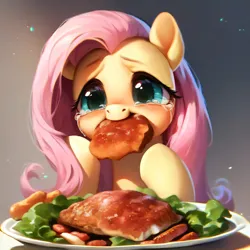 Size: 4096x4096 | Tagged: safe, ai content, derpibooru import, machine learning assisted, machine learning generated, stable diffusion, fluttershy, pegasus, pony, g4, blushing, crying, cute, eating, food, green eyes, image, meat, pink mane, png, prompter:saltyvity, simple background, solo, steak