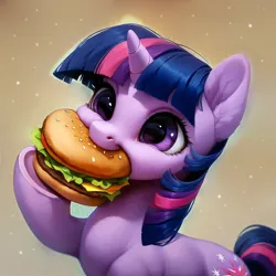 Size: 4096x4096 | Tagged: safe, ai content, derpibooru import, machine learning assisted, machine learning generated, stable diffusion, twilight sparkle, pony, unicorn, g4, blue mane, burger, cute, detailed hair, eating, food, funny, generator:purplesmart.ai, happy, horn, image, jpeg, prompter:saltyvity, purple eyes, simple background, smiling, solo