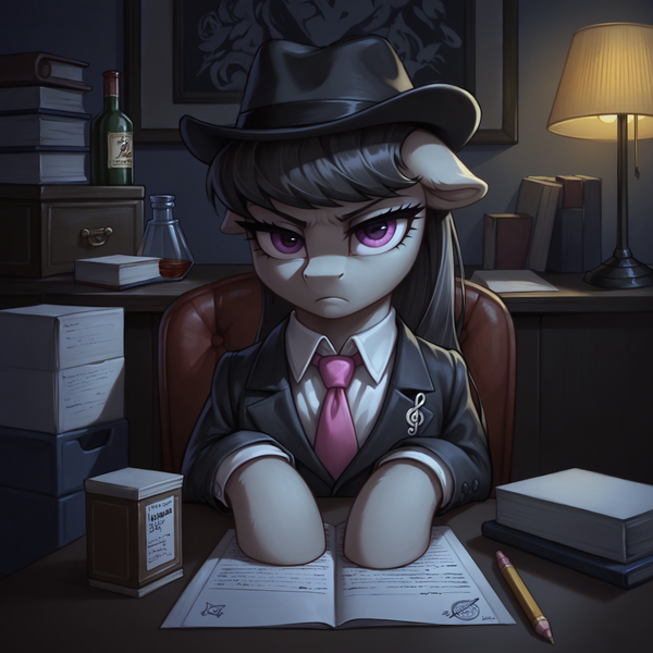 Size: 1536x1536 | Tagged: safe, ai content, derpibooru import, generator:bluefox mix, machine learning generated, stable diffusion, octavia melody, earth pony, pony, g4, blazer, book, bottle, clothes, collared shirt, cutie mark accessory, desk, dim light, document, fedora, female, floppy ears, frown, glare, glass bottle, hat, hooves on the table, image, indoors, jacket, lamp, looking at you, mafia, mafia octavia, mare, necktie, octavia is not amused, office, paper, pencil, pin, png, prompter:tyto4tme4l, serious, serious face, shirt, solo, song in the description, unamused, upper body, wine bottle, youtube link in the description