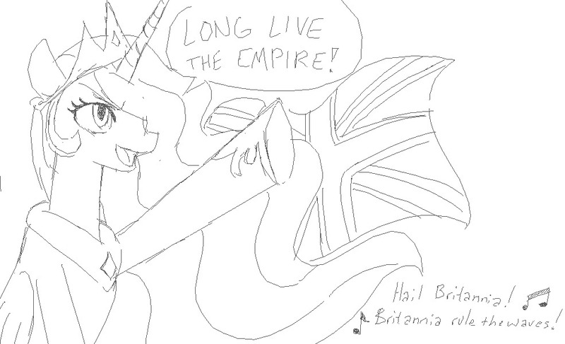 Size: 985x600 | Tagged: safe, artist:planetofjunk, derpibooru import, princess celestia, alicorn, pony, g4, hair over one eye, image, jpeg, monochrome, old art, politics, rule britannia!, scottish independence, sketch, solo, speech bubble, union jack