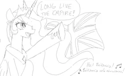 Size: 985x600 | Tagged: safe, artist:planetofjunk, derpibooru import, princess celestia, alicorn, pony, g4, hair over one eye, image, jpeg, monochrome, old art, politics, rule britannia!, scottish independence, sketch, solo, speech bubble, union jack