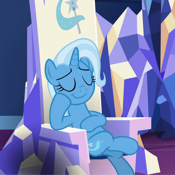 Size: 1080x1080 | Tagged: safe, derpibooru import, edit, edited screencap, editor:marefieber, screencap, trixie, pony, unicorn, all bottled up, g4, season 7, chair, cropped, crossed legs, crystal, eyes closed, female, hoof on chest, hoof to cheek, horn, image, mare, png, raised hoof, relaxing, sitting, smiling, smirk, smug, solo, trixie's cutie mark, twilight's castle