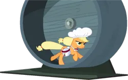 Size: 960x604 | Tagged: safe, derpibooru import, screencap, applejack, earth pony, pony, apron, bag, cherry, clothes, food, frown, frowned face, galloping, hat, image, png, running, simple background, the last round-up, transparent background, treadmill, wheel