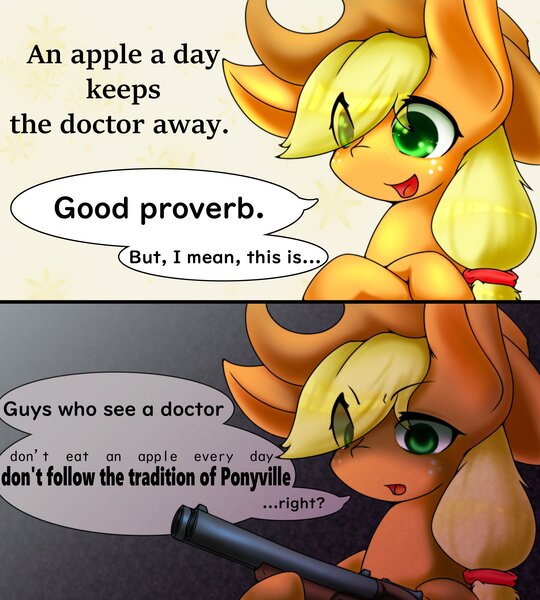 Size: 3150x3500 | Tagged: safe, artist:zemlya, derpibooru import, applejack, earth pony, pony, 2 panel comic, comic, eye clipping through hair, female, gun, image, jpeg, shotgun, solo, speech bubble, uh oh, weapon