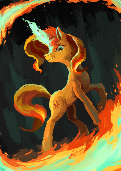 Size: 763x1080 | Tagged: safe, alternate version, artist:plainoasis, derpibooru import, sunset shimmer, pony, unicorn, g4, female, fiery shimmer, fire, horn, image, magic, mare, png, solo