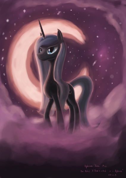 Size: 2480x3508 | Tagged: safe, artist:plainoasis, derpibooru import, nightmare moon, oc, oc:diana dreamscape, pony, unicorn, fanfic:a dream is a wish... or a nightmare, g4, cloud, crescent moon, female, horn, image, jpeg, mare, moon, on a cloud, slender, solo, thin