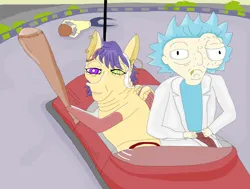 Size: 1028x777 | Tagged: safe, artist:sikojensika, derpibooru import, oc, oc:kaya, human, pegasus, pony, art trade, baseball bat, bumper cars, crossover, dead, ear piercing, eye bulging, heterochromia, image, jpeg, morty smith, not salmon, pegasus oc, piercing, pony oc, rick and morty, wat, wings