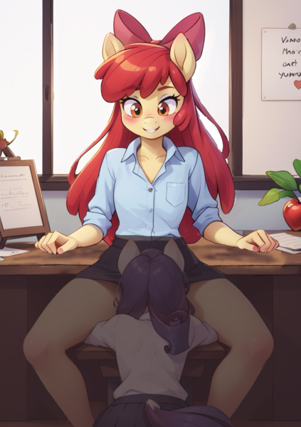 Size: 818x1159 | Tagged: explicit, ai content, derpibooru import, machine learning generated, prompter:vtaviscratch, apple bloom, rarity, anthro, blushing, clothes, cunnilingus, desk, female, image, implied sex, lesbian, oral, png, raribloom, school, school uniform, sex, shipping, skirt, stealth sex, teacher, under the table