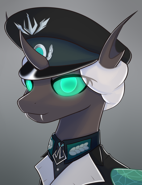 Size: 2332x3040 | Tagged: safe, artist:floppochkin, derpibooru import, oc, oc:kitu elder, changeling, changeling queen, equestria at war mod, bust, cap, clothes, female, gray coat, hat, image, insect wings, jewelry, medallion, military uniform, necklace, png, portrait, teal eyes, uniform, white mane, wings