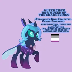 Size: 2997x2997 | Tagged: safe, artist:cookie-ruby, derpibooru import, oc, unofficial characters only, changedling, changeling, changeling queen, asexual pride flag, changedling oc, changedling queen, changeling oc, female, image, png, pride, pride flag, reference sheet, solo