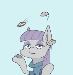 Size: 3618x3735 | Tagged: safe, artist:tkshoelace, derpibooru import, maud pie, earth pony, pony, g4, blue background, catching, clothes, ear fluff, eyeshadow, female, image, juggling, lidded eyes, makeup, mare, png, raised hoof, raised leg, rock, simple background, smiling, solo, throwing