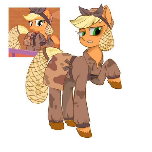 Size: 2048x2048 | Tagged: safe, artist:jianqiangjianqiang379, derpibooru import, applejack, earth pony, pony, g4, alternate timeline, clothes, crystal war timeline, dirty, female, hair ribbon, image, long sleeves, mare, pants, png, raised hoof, reference used, ribbon, shirt, simple background, solo, unshorn fetlocks, white background