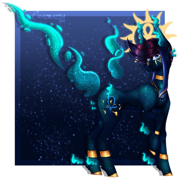 Size: 4320x4320 | Tagged: safe, artist:chazmazda, derpibooru import, oc, unofficial characters only, original species, pony, species:lost soul ponies, undead, abstract background, accessory, bright, commission, commission open, cracks, gem, glow, gold, halo, image, magical, markings, painting, png, render, rendered, shading, shine, soul, wisp