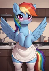 Size: 832x1216 | Tagged: safe, ai content, derpibooru import, machine learning generated, prompter:wkaf, stable diffusion, rainbow dash, pegasus, pony, g4, apron, bipedal, blushing, clothes, female, image, indoors, jpeg, kitchen, looking at you, socks, solo, solo female, spread wings, stockings, tail, thigh highs, wings