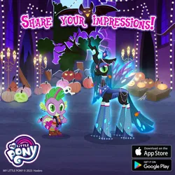 Size: 1080x1080 | Tagged: safe, derpibooru import, queen chrysalis, spike, edgy, gameloft, image, jpeg