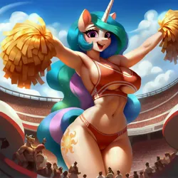 Size: 4096x4096 | Tagged: suggestive, ai content, derpibooru import, machine learning generated, stable diffusion, princess celestia, anthro, g4, belly, belly button, blushing, breasts, busty princess celestia, cheerleader, cheerleader outfit, cleavage, clothes, crowd, curvy, erect nipples, eyeliner, generator:purplesmart.ai, horn, hourglass figure, image, jpeg, macro, macro/micro, makeup, nipple outline, panties, pom pom, pose, prompt in description, prompter:argusx, smiling, stadium, thong, underboob, underwear, wide hips