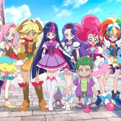 Size: 680x682 | Tagged: safe, artist:kentawong94, derpibooru import, applejack, fluttershy, pinkie pie, rainbow dash, rarity, spike, twilight sparkle, human, clothes, cosplay, costume, humanized, image, jpeg, mane seven, mane six, precure, pretty cure