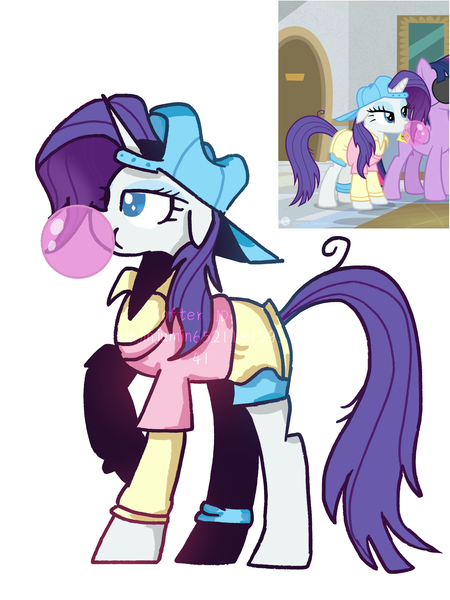 Size: 1668x2224 | Tagged: safe, artist:xinjinjumin652118129541, derpibooru import, rarity, pony, unicorn, alternate hairstyle, backwards cap, bubblegum, clothes, collared shirt, disguise, female, food, gum, horn, image, leg strap, mare, plainity, png, reference used, shirt, shorts, simple background, text, white background