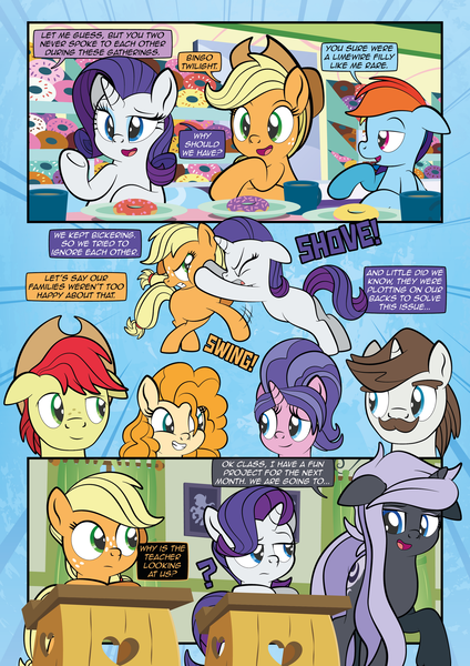 Size: 1920x2715 | Tagged: safe, artist:alexdti, derpibooru import, applejack, bright mac, cookie crumbles, hondo flanks, pear butter, rainbow dash, rarity, oc, pony, comic:how we met, female, filly, filly applejack, filly rarity, image, png, younger