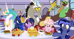 Size: 1280x684 | Tagged: safe, artist:velveagicsentryyt, derpibooru import, discord, princess celestia, princess luna, twilight sparkle, twilight sparkle (alicorn), oc, oc:batty, oc:eclipse sparkle, alicorn, hybrid, pony, food, image, indoors, interspecies offspring, offspring, pancakes, parent:discord, parent:twilight sparkle, parents:discolight, png