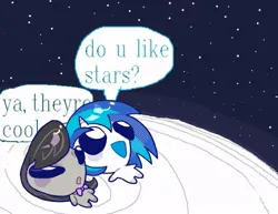 Size: 777x600 | Tagged: safe, artist:rlabbiy, derpibooru import, octavia melody, vinyl scratch, ponified, earth pony, pony, unicorn, chibi, do u like stars?, duo, duo female, female, horn, image, jpeg, lying down, mare, meme, on back, speech bubble, starry night, text