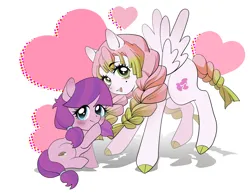 Size: 4364x3402 | Tagged: safe, artist:xintaibaozha510, derpibooru import, lily longsocks, ponified, earth pony, pegasus, pony, anime, blushing, crossover, demon slayer, female, filly, foal, heart, hoof over mouth, image, looking at you, mare, mitsuri kanroji, multicolored hair, png, simple background, sitting, spread wings, white background, wings