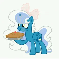 Size: 6890x6890 | Tagged: safe, artist:riofluttershy, derpibooru import, oc, oc:fleurbelle, unofficial characters only, alicorn, pony, alicorn oc, blushing, bow, female, food, hair bow, holding, horn, image, jpeg, mare, pie, pink bow, simple background, smiling, solo, tail, two toned hair, two toned mane, two toned tail, white background, wings, yellow eyes