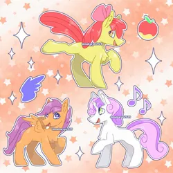 Size: 1777x1777 | Tagged: safe, artist:makaroni923, derpibooru import, apple bloom, scootaloo, sweetie belle, earth pony, pegasus, pony, unicorn, :d, apple, chest fluff, cutie mark crusaders, female, filly, foal, food, gradient background, horn, image, jpeg, music notes, open mouth, open smile, orange background, outline, raised leg, signature, simple background, smiling, sparkles, stars, text, white background, white outline, wings