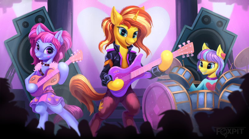 Size: 4739x2660 | Tagged: safe, artist:foxpit, derpibooru import, kiwi lollipop, sunset shimmer, supernova zap, ponified, earth pony, pony, unicorn, concert, cute, daaaaaaaaaaaw, drums, earth pony kiwi lollipop, earth pony supernova zap, equestria girls ponified, female, guitar, horn, image, k-lo, k-lo betes, many many pony, meme, music, music festival outfit, musical instrument, performance, png, scene interpretation, shimmerbetes, su-z, su-z-betes, trio focus