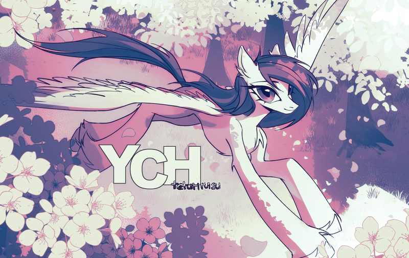 Size: 2709x1712 | Tagged: safe, artist:teturirusu, derpibooru import, oc, alicorn, pegasus, cherry blossoms, commission, commission open, female, flower, flower blossom, flying, image, long hair, petals, png, solo, solo female, spread wings, wings, your character here